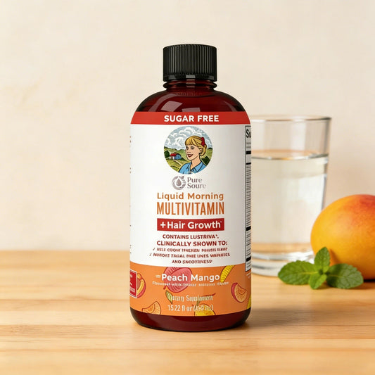 Liquid Multivitamin+Hair Growth | Clinically Tested for Thicker Hair & Facial Wrinkles in Women |  Lustriva Hair Growth Supplement | Peach Mango 15 Fl Oz
