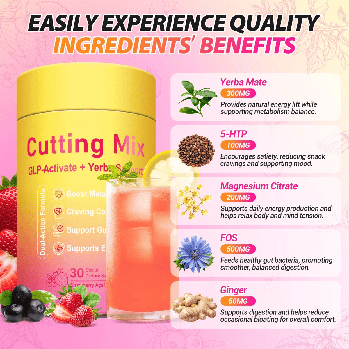 Yerba Mate Drink Mix with Berberine | Metabolism, Energy & Gut Health | Strawberry Acai | Vegan, Sugar-Free, 30ct