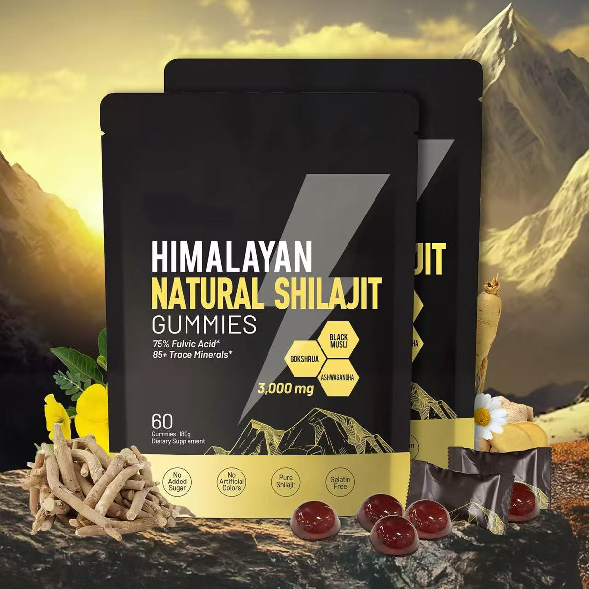 Himalayan Shilajit Gummies | With Ashwagandha, Gokshura & other herbs | No addedsugar，60 Gummies