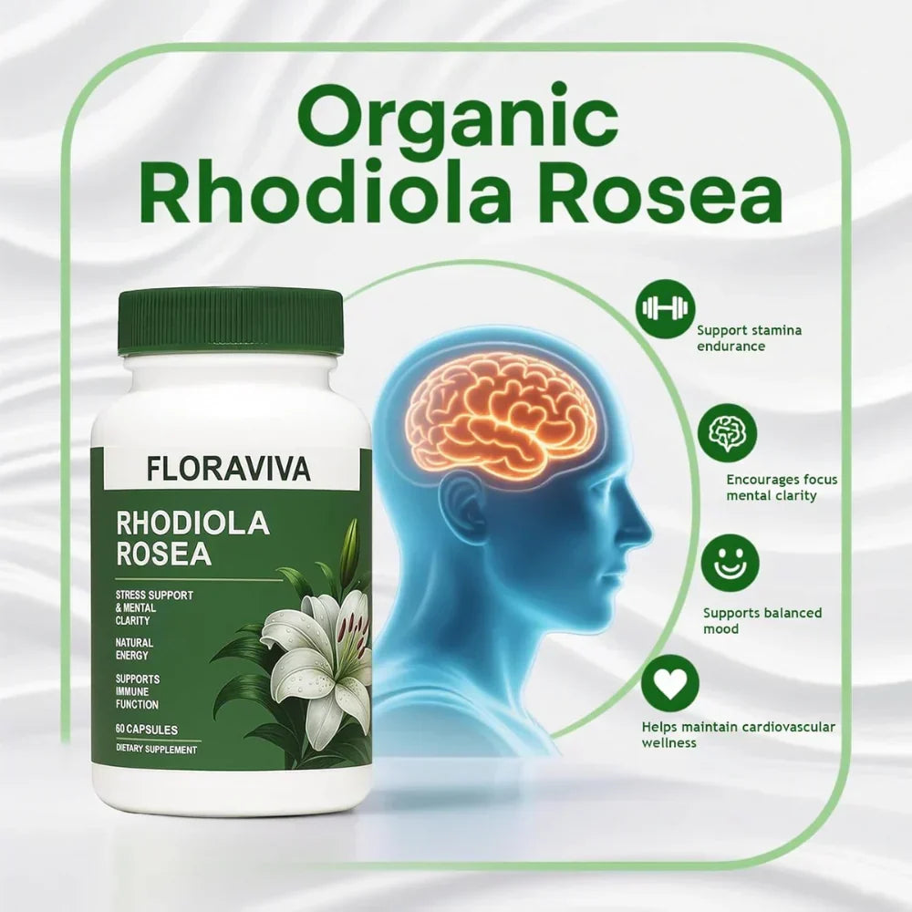 Rhodiola Rosea Capsules - Floravida for Energy, Focus, Mood - 60 Capsules.