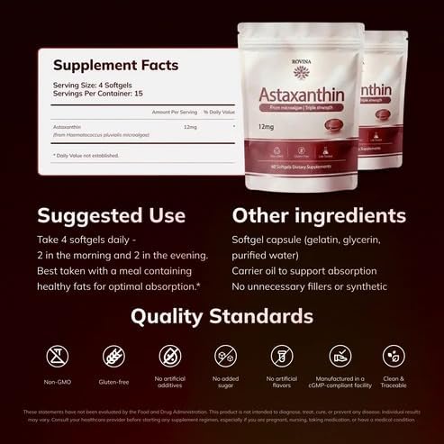ROVINA Astaxanthin 12mg Softgels, Antioxidant Supplement Support, 60 Count
