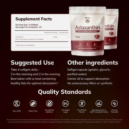 ROVINA Astaxanthin 12mg Softgels, Antioxidant Supplement Support, 60 Count