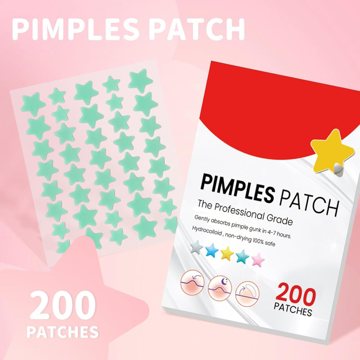 Pimple Patches for Face, Hydrocolloid Acne Patches, Cute Star Stickers  for Covering Zits and Blemishes (200 Count)