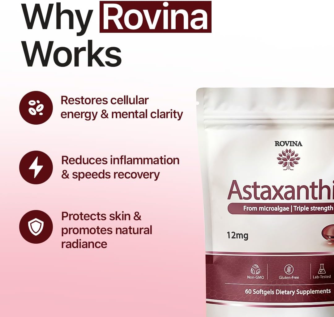 ROVINA Astaxanthin 12mg Softgels, Antioxidant Supplement Support, 60 Count