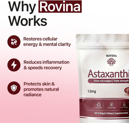 ROVINA Astaxanthin 12mg Softgels, Antioxidant Supplement Support, 60 Count