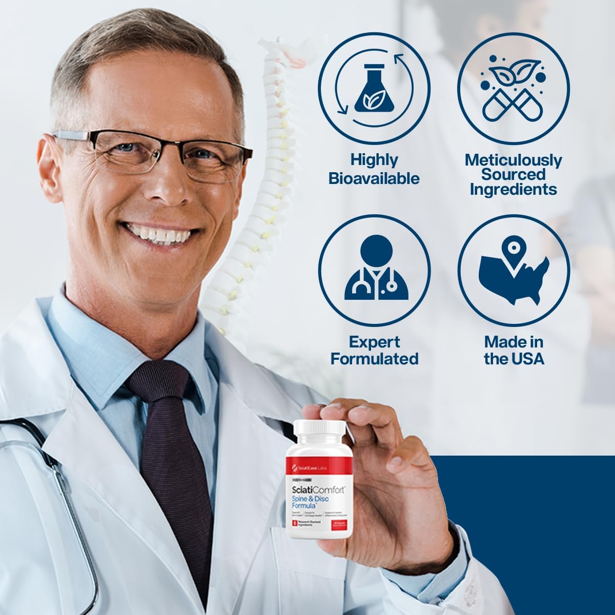 Spine and Disc Support Supplement Sciatic Nerve Health Support - VIT D3 K2, Magnesium, Palm Collagen - 60Capsules