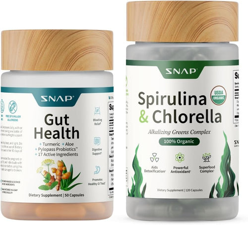 Supplements Gut Health Supplement & Organic Spirulina Chlorella Bundle | Supports Digestion, Detox, Energy & Immune Health, 50 + 120 Vegan Capsules 30-Day Supply