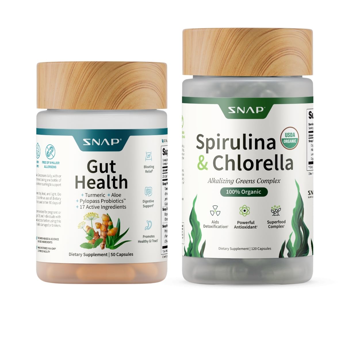Supplements Gut Health Supplement & Organic Spirulina Chlorella Bundle | Supports Digestion, Detox, Energy & Immune Health, 50 + 120 Vegan Capsules 30-Day Supply