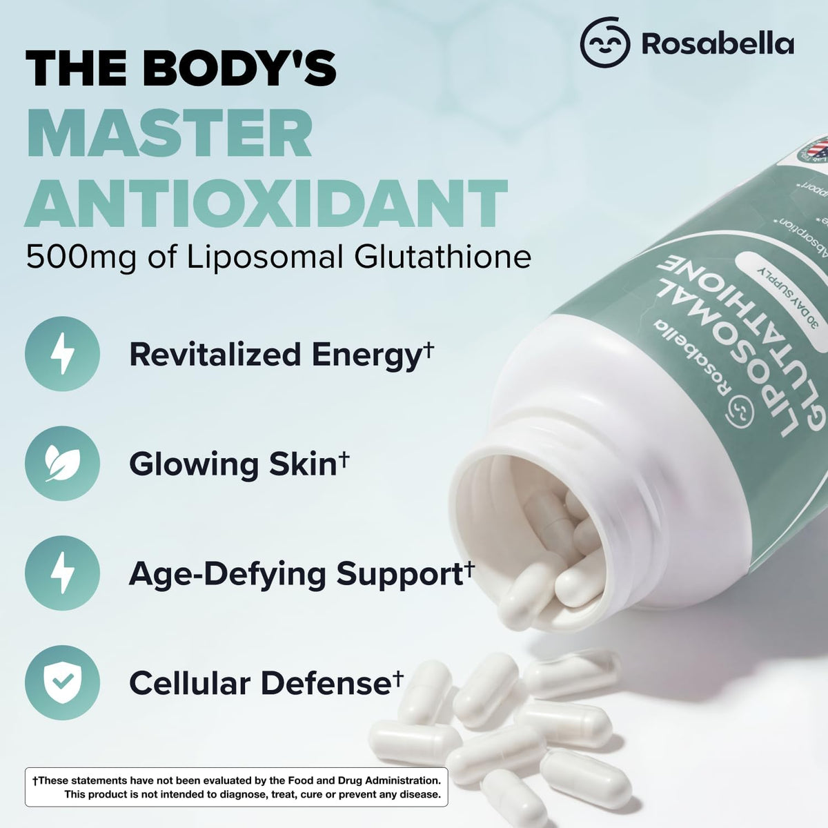 Rosabella Liposomal Glutathione 500mg – High Absorption Glutathione Supplement, Antioxidant Support, Cellular Health & Detox Support, 60 Capsules, 30 Day Supply, Daily Antioxidant Capsules