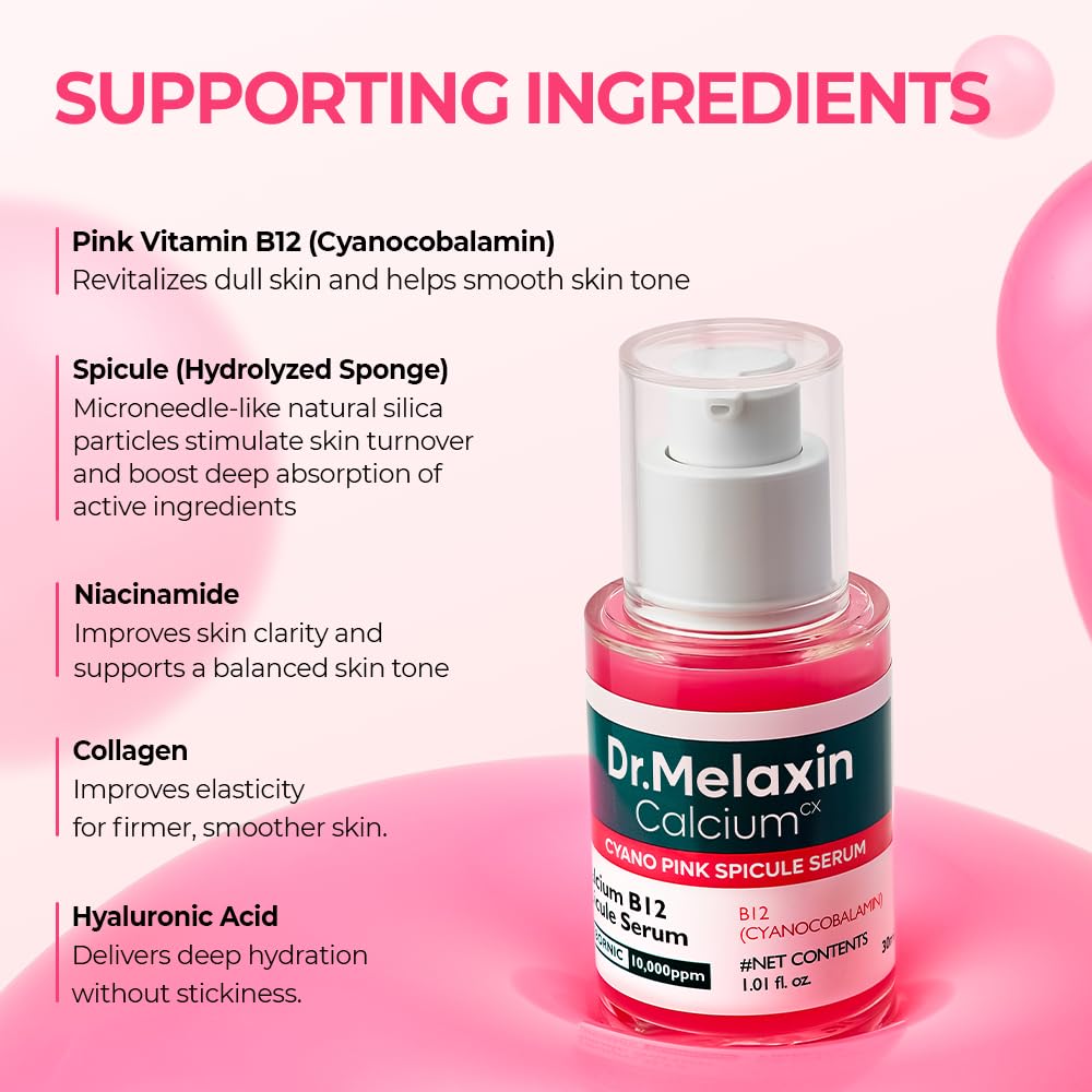 Cyano Pink Spicule Serum with Vitamin B12, Liquid Microneedle Facial Treatment for Enlarged Pores, Niacinamide for Texture Refining & Renewal, 1.01 fl.oz
