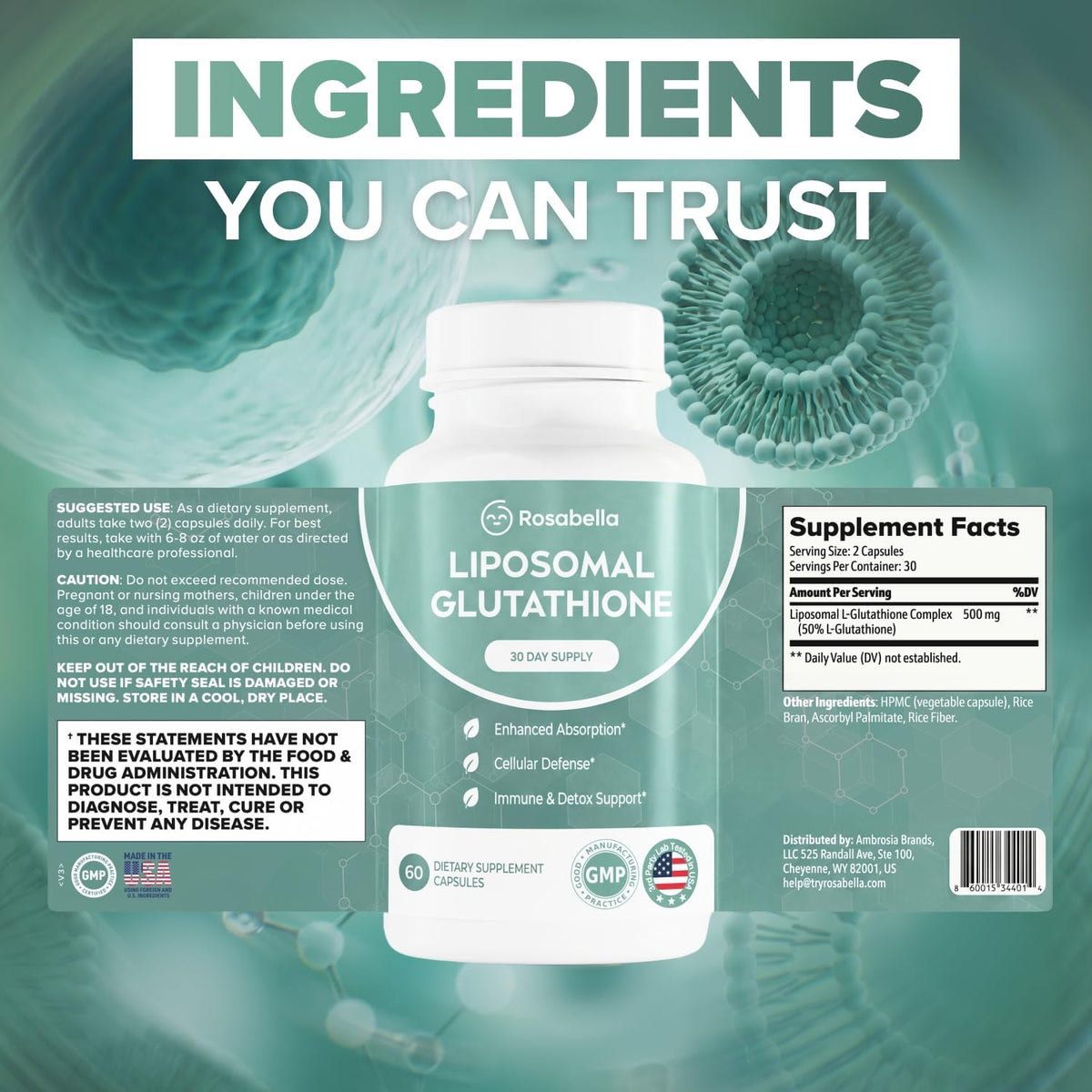 Rosabella Liposomal Glutathione 500mg – High Absorption Glutathione Supplement, Antioxidant Support, Cellular Health & Detox Support, 60 Capsules, 30 Day Supply, Daily Antioxidant Capsules