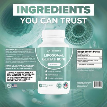 Rosabella Liposomal Glutathione 500mg – High Absorption Glutathione Supplement, Antioxidant Support, Cellular Health & Detox Support, 60 Capsules, 30 Day Supply, Daily Antioxidant Capsules