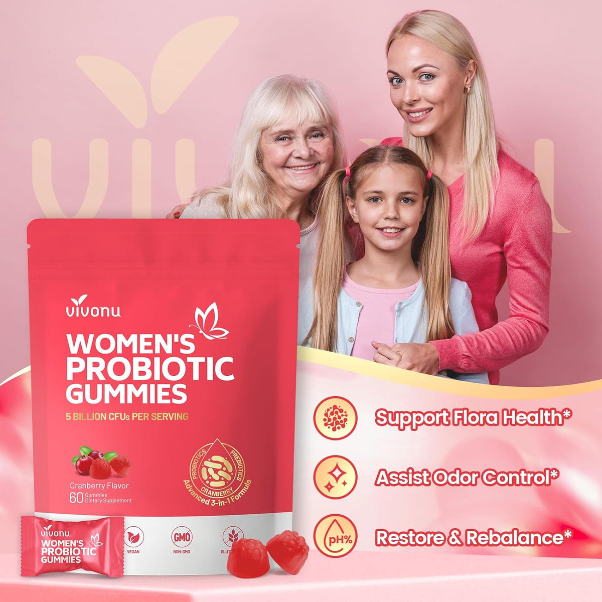 Feminine Balance Probiotic Gummies Vegan & Halal Formula for Yeast & pH Support | with Cranberry, 60 Gummies