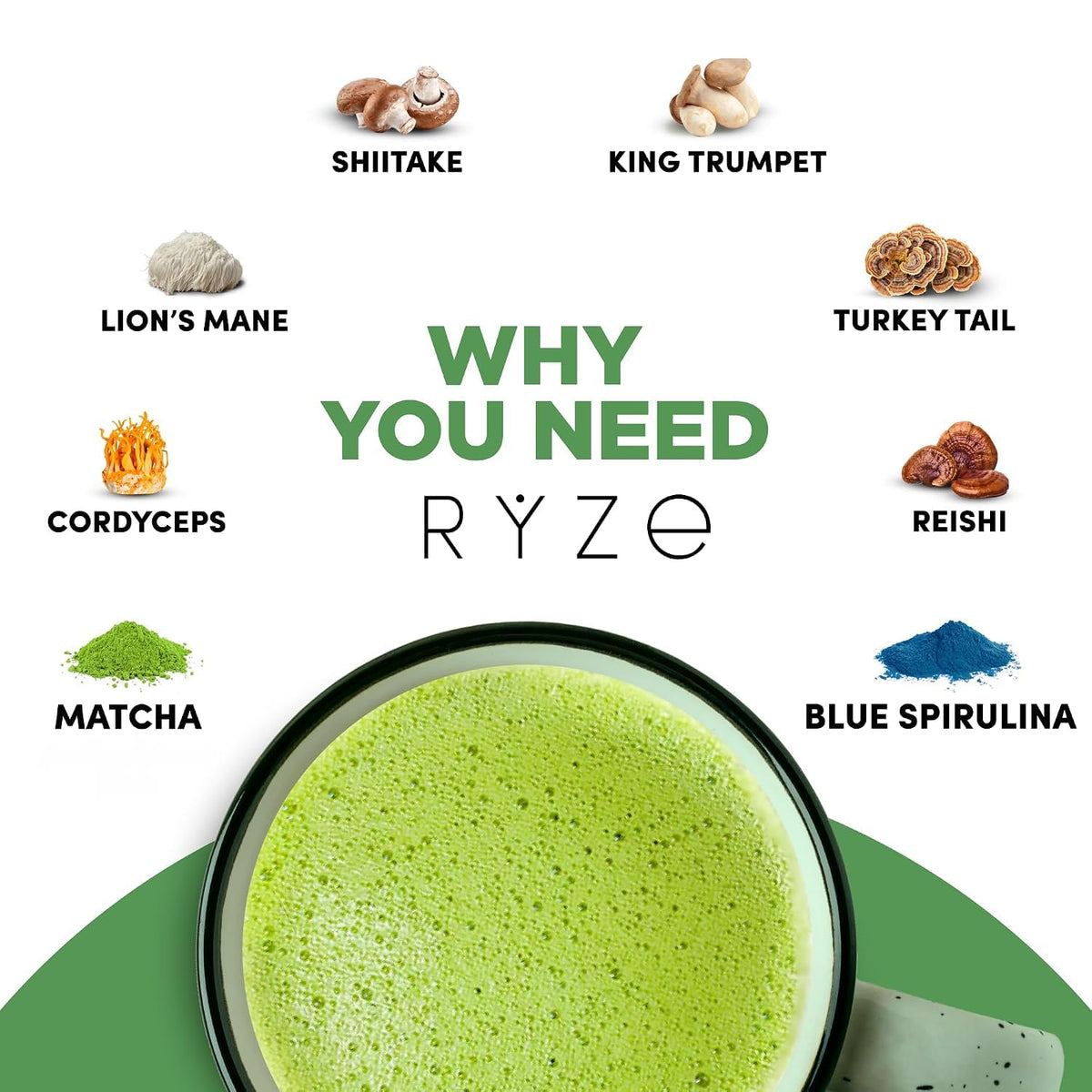 RYZE Mushroom Matcha Starter Kit, 6 Adaptogenic Mushrooms, 60 Servings