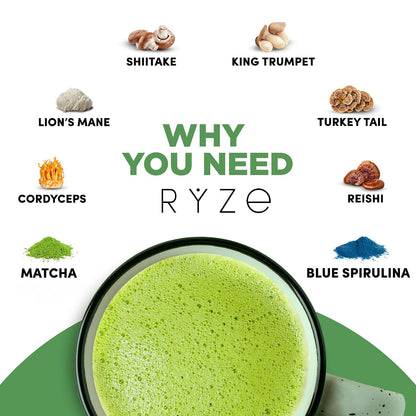 RYZE Mushroom Matcha Starter Kit, 6 Adaptogenic Mushrooms, 60 Servings