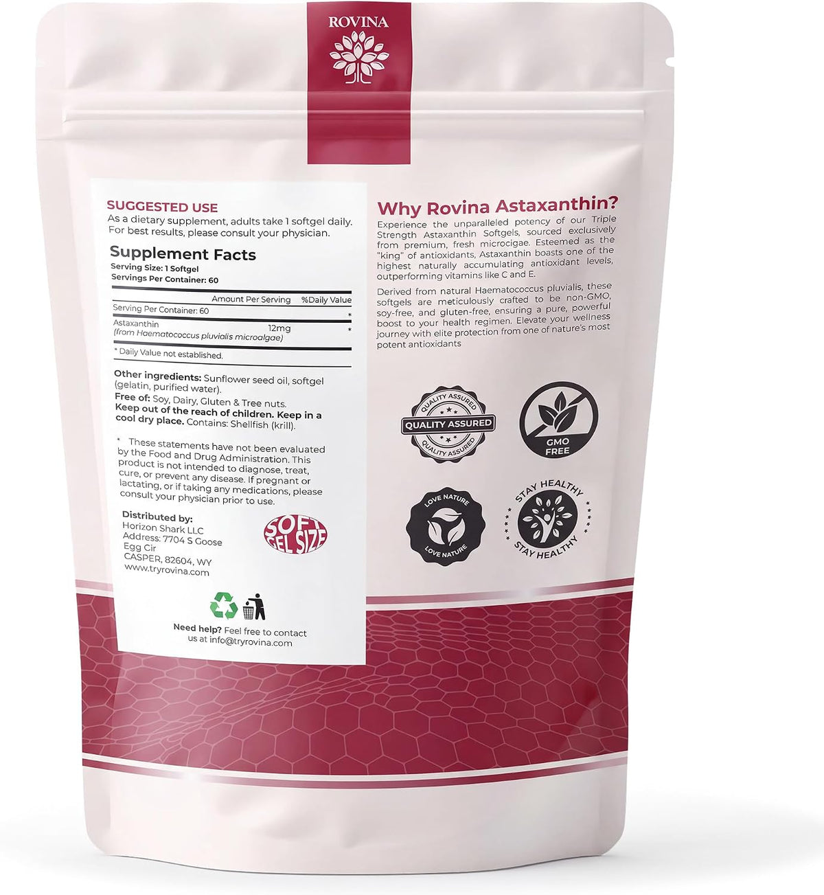 ROVINA Astaxanthin 12mg Softgels, Antioxidant Supplement Support, 60 Count