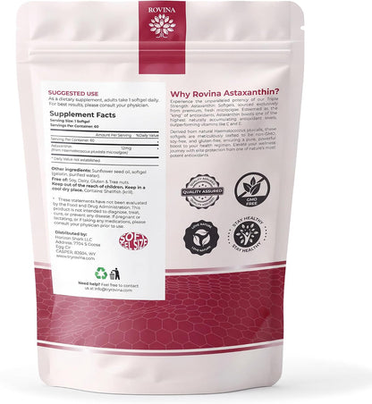 ROVINA Astaxanthin 12mg Softgels, Antioxidant Supplement Support, 60 Count