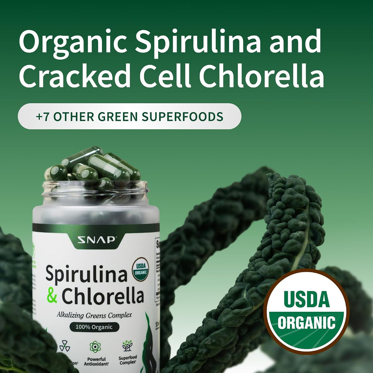 Supplements USDA Organic Spirulina & Chlorella, 120 Vegan Capsules | Superfood Supplement for Energy & Immune Support, Non-GMO, 30-Day Supply