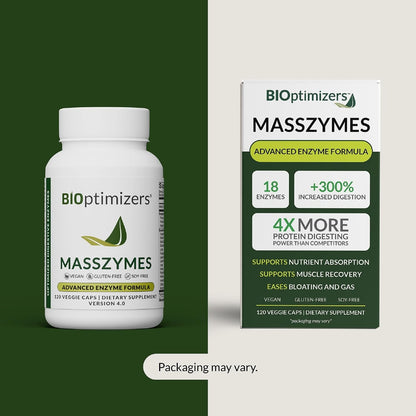 BIOptimizers MassZymes - Complete Digestive Enzymes Supplement for Gut Health - Bloating Relief for Men and Women - Lipase Amylase Bromelain Digestive Enzymes (120 Capsules)