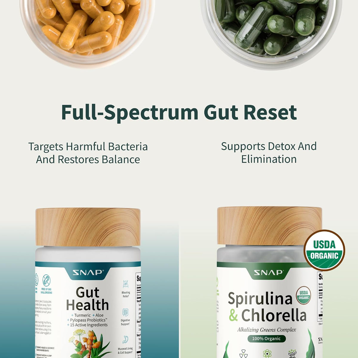 Supplements Gut Health Supplement & Organic Spirulina Chlorella Bundle | Supports Digestion, Detox, Energy & Immune Health, 50 + 120 Vegan Capsules 30-Day Supply