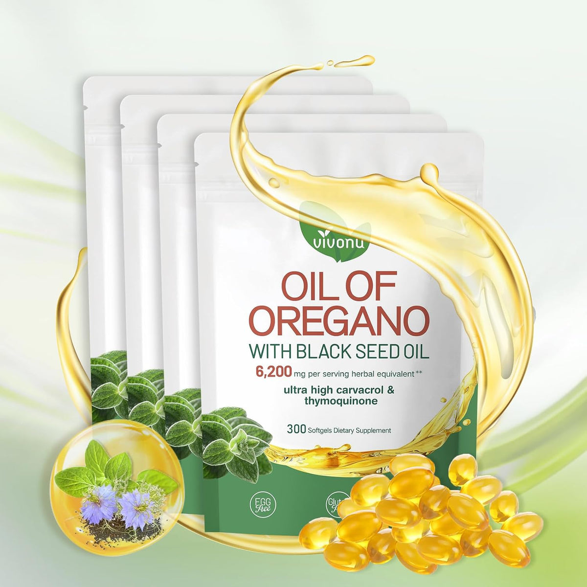 Oil of Oregano Capsules, Balanced Oil of Oregano with Black Seed Oil, Organic OreganoOil Softgels，Non-GMO