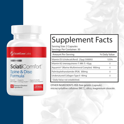 Spine and Disc Support Supplement Sciatic Nerve Health Support - VIT D3 K2, Magnesium, Palm Collagen - 60Capsules