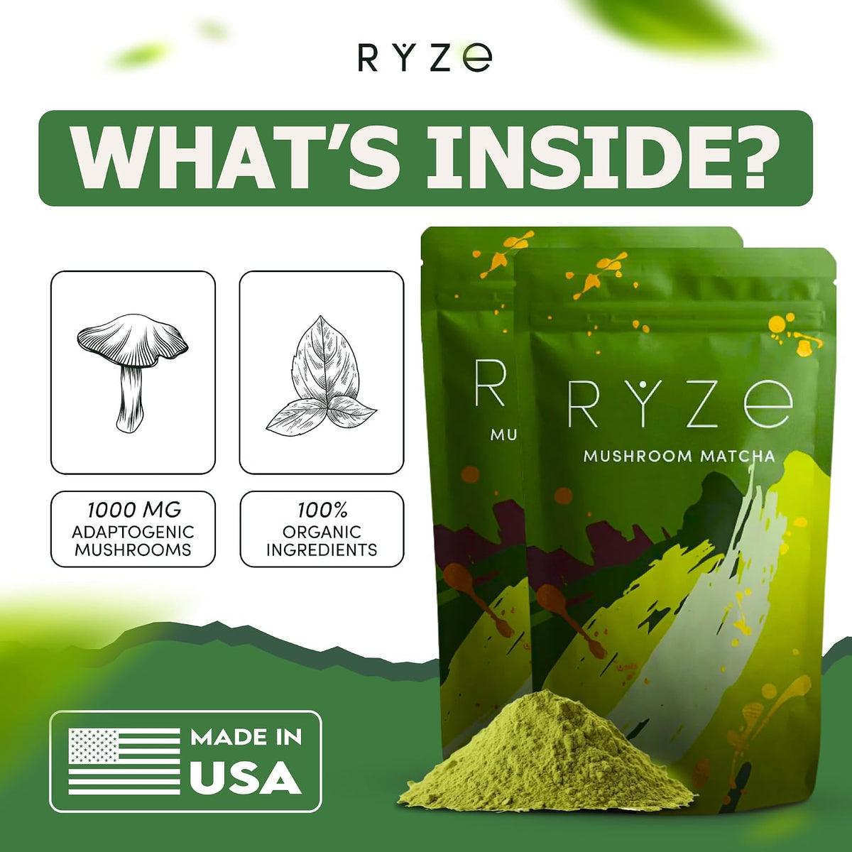 RYZE Mushroom Matcha Starter Kit, 6 Adaptogenic Mushrooms, 60 Servings