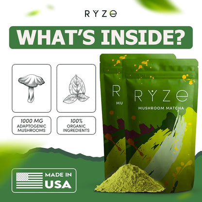 RYZE Mushroom Matcha Starter Kit, 6 Adaptogenic Mushrooms, 60 Servings