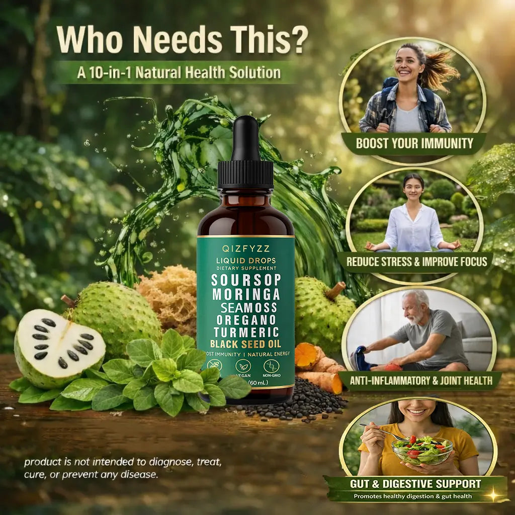Soursop Bitters Liquid Drops 10-in-1 with  Moringa, Turmeric, Black Seed Oil, Oregano| Herbal Extracts for Overall Health | Vegan, Non-GMO | 2 fl. oz