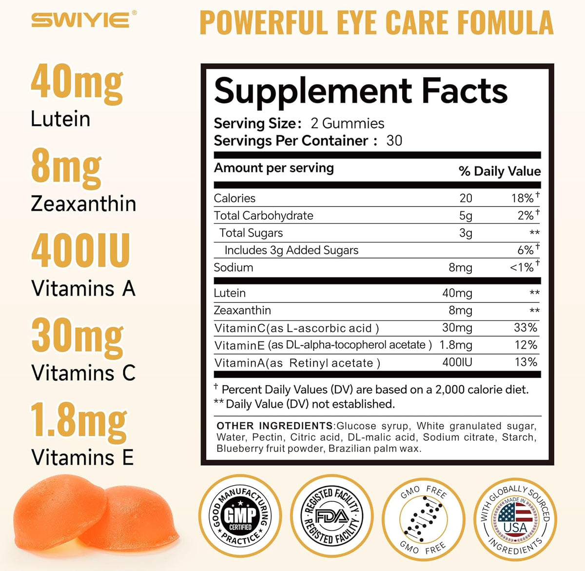 Lutein Gummies for Eye Health - Blueberry Flavor Vision Support Eye Vitamins | 60 Gummies