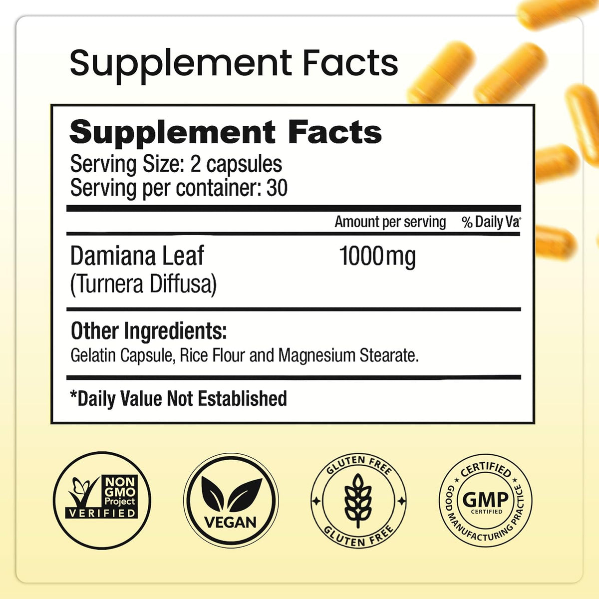 Damiana Capsules,  Leaves & Magnesium, A Dietary Supplement Maintaining Energy Balance, Reduce Stress And Sleep Better, 60 Capsules