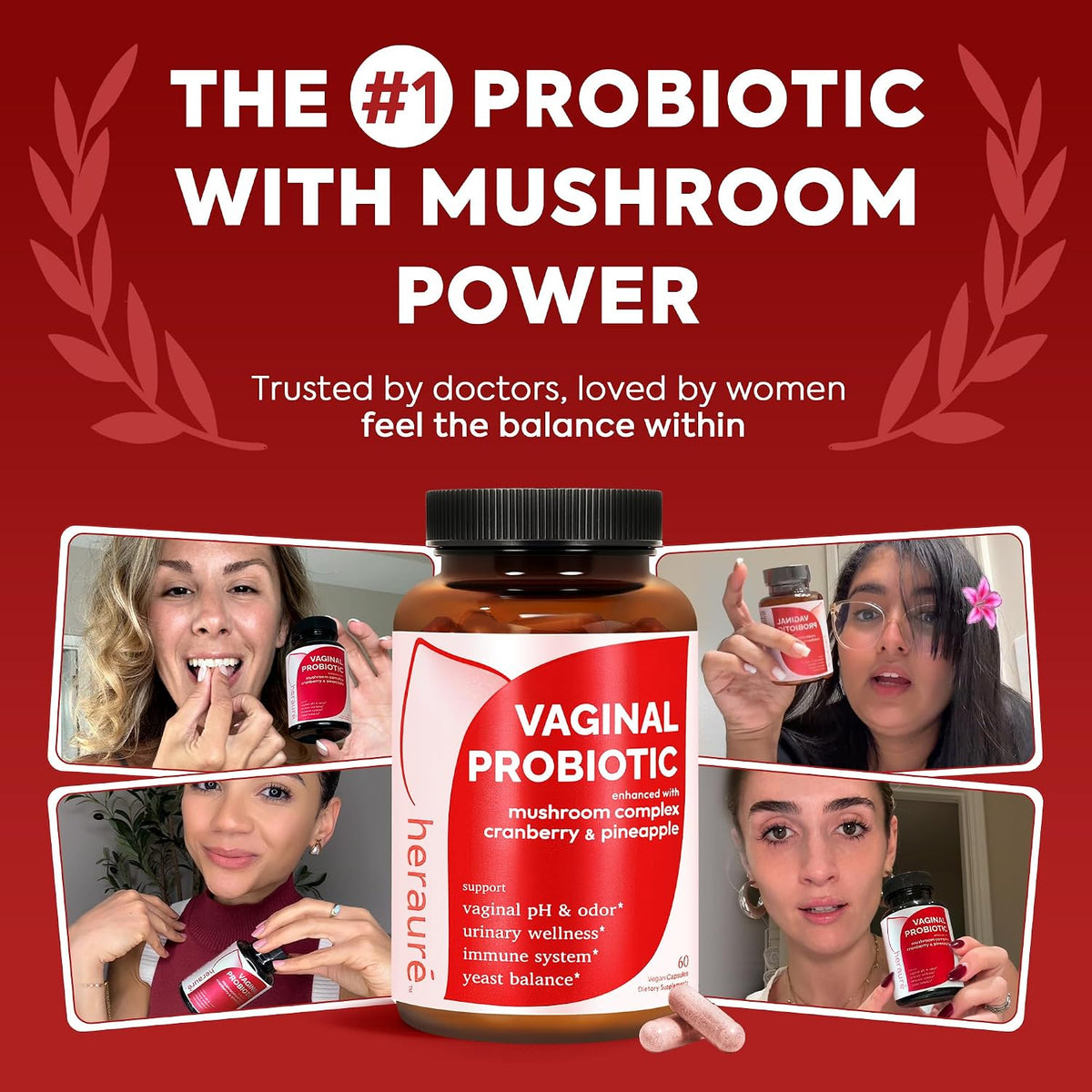 HerAure Vaginal Probiotics for Women, pH Balance & Yeast Balance, 60ct