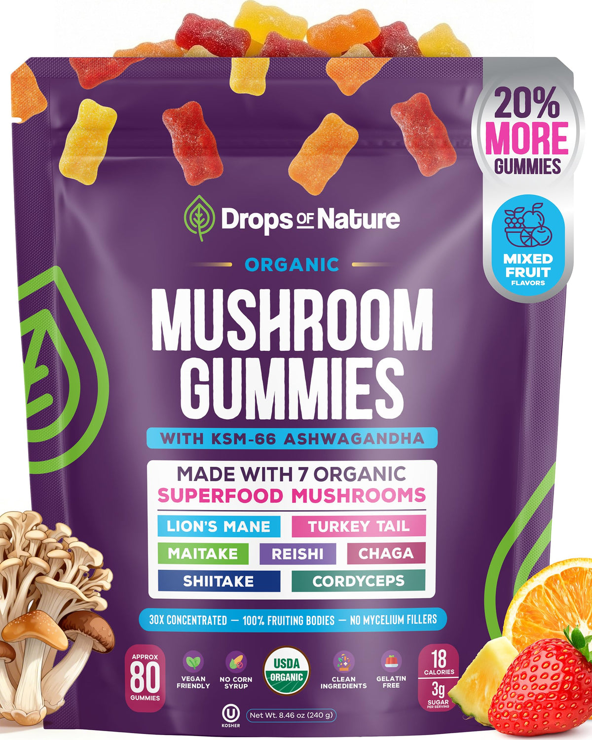 Organic Mushroom Gummies & Ashwagandha - Mixed Berry, 80 ct | KSM-66 Ashwagandha Gummies with 7 Superfood Mushroom