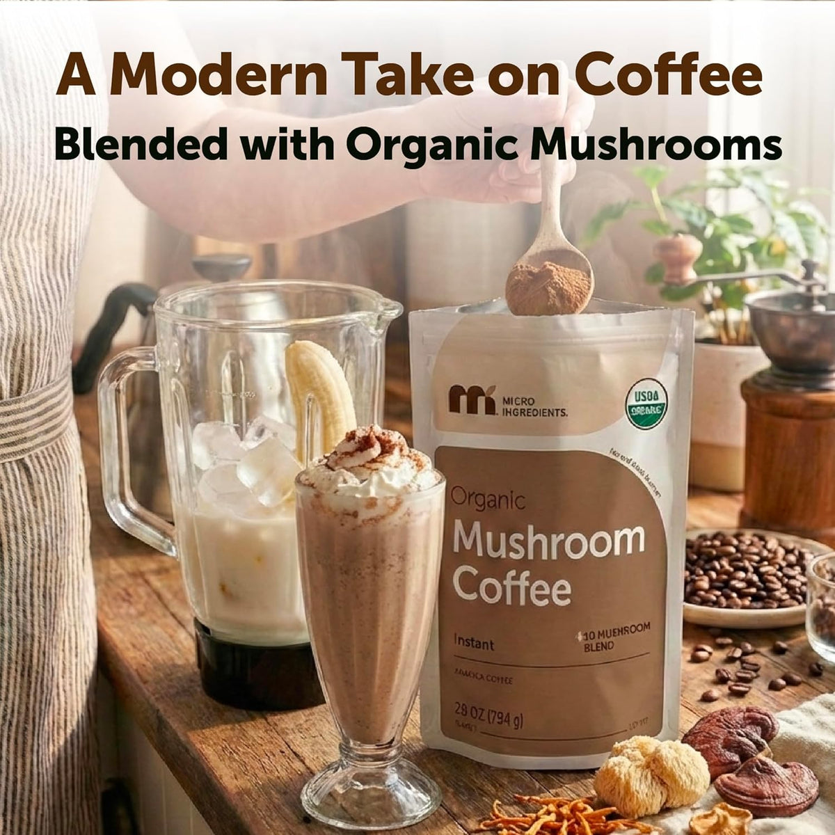 Organic Instant 10 in 1 Mushroom Coffee Powder, 28 Ounce (317 Servings) | Premium Arabica Coffee with Lion’s Mane, Chaga, Reishi & More