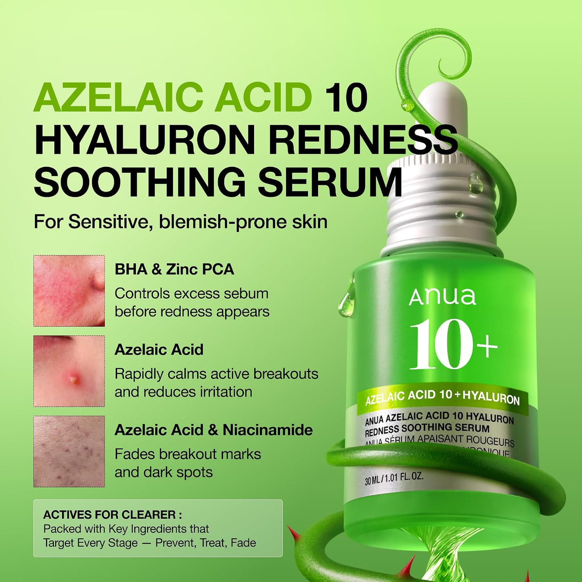 Azelaic Acid 10 Hyaluron Redness Soothing Serum, 1.01 fl oz | Facial Serum for Blemish-Prone & Oily-Prone Skin, Lightweight & Hydrating Blemish Care, Hyaluronic Acid