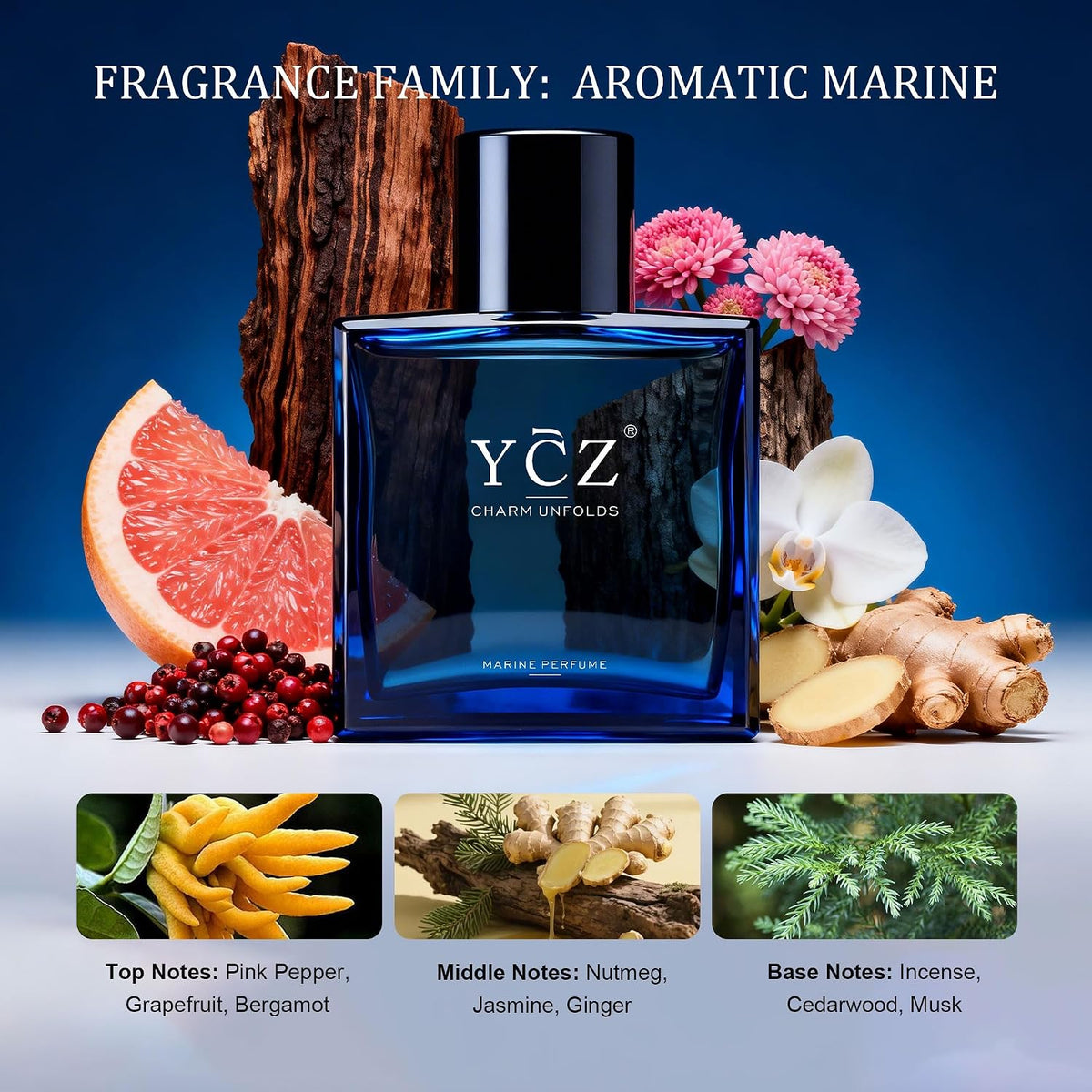 2PC Midnight Marine Cologne for Men, Marine Woody Eau de Parfum, 1.7 Fl Oz