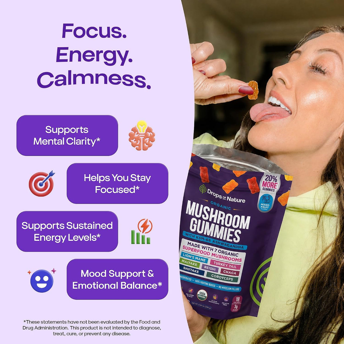 Organic Mushroom Gummies & Ashwagandha - Mixed Berry, 80 ct | KSM-66 Ashwagandha Gummies with 7 Superfood Mushroom
