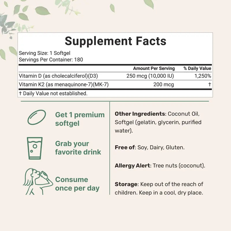 Micro Ingredients Vitamin D3 K2 Supplement Softgels - Coconut Flavor