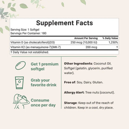 Micro Ingredients Vitamin D3 K2 Supplement Softgels - Coconut Flavor
