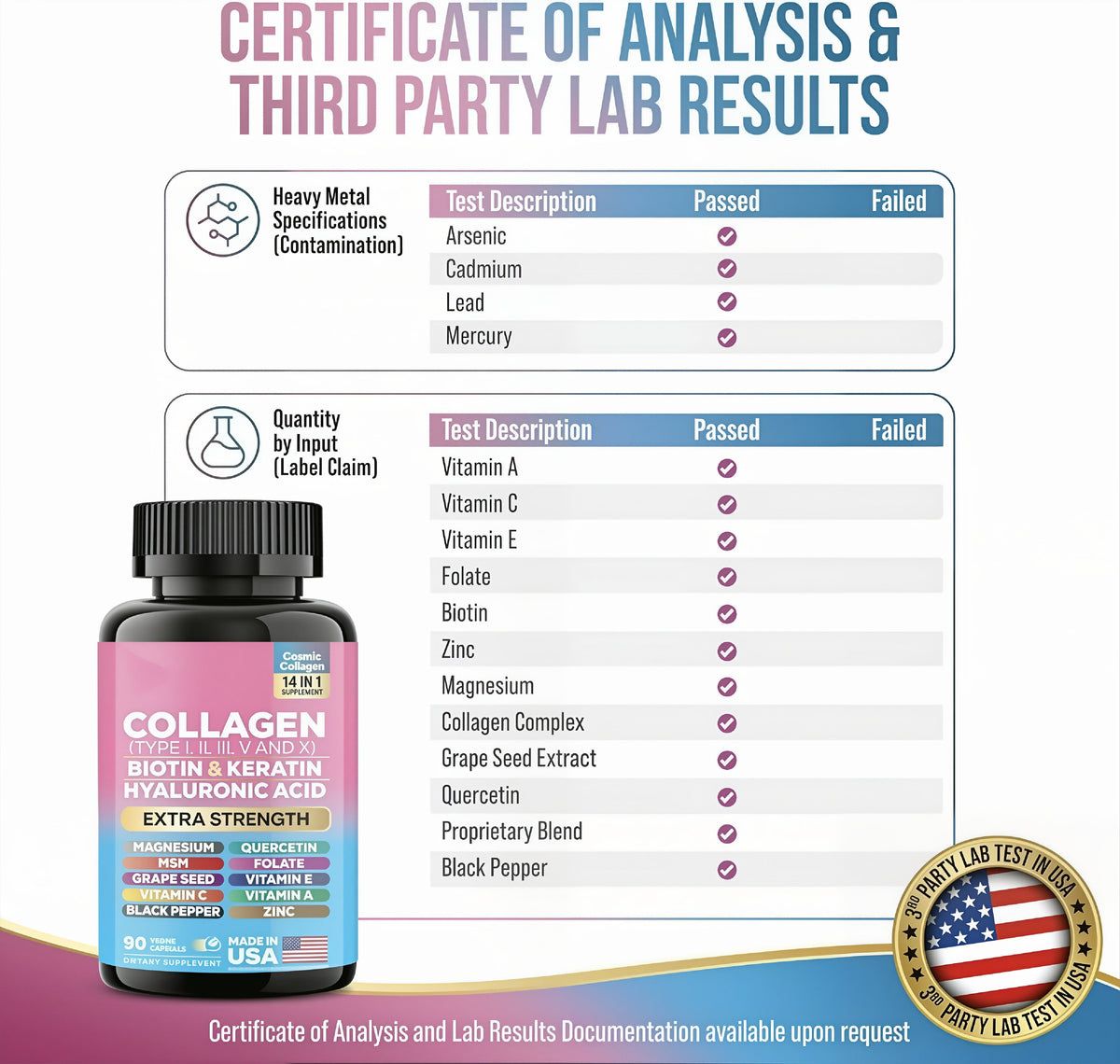 Collagen Pills Peptides (Types I,II,III,V,X) with Biotin, Keratin, Hyaluronic Acid, Vitamins & Minerals (90 Capsules)