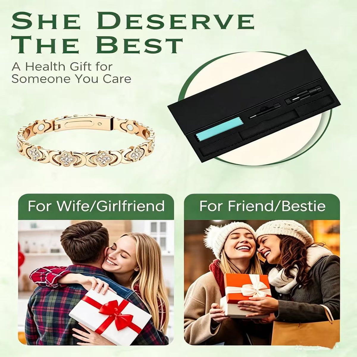 Feraco Women Pure Copper Clover Magnetic Bracelet, Zircon Inlay Adjustable Pain Relief Therapy Bangle