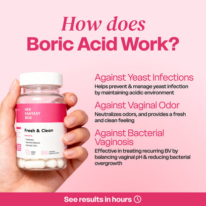Her Fantasy Box | Fresh & Clean – Boric Acid for pH Balance, Odor Control & Comfort – 30 Count