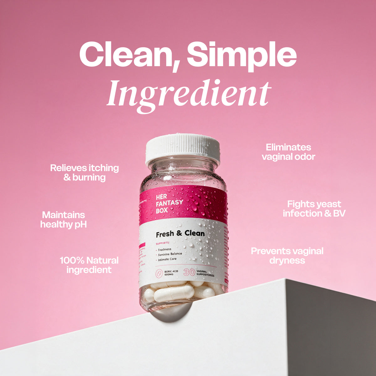 Her Fantasy Box | Fresh & Clean – Boric Acid for pH Balance, Odor Control & Comfort – 30 Count