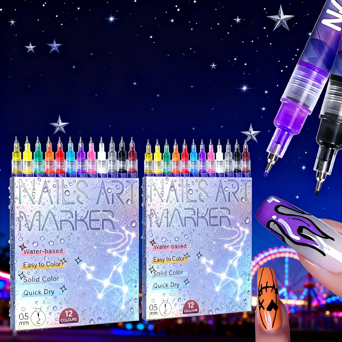 3D Nail Art Pens Set | 12 Vibrant Colors Fine Tip 0.5mm | Quick-Dry Liner & Dotting Tools for  Home