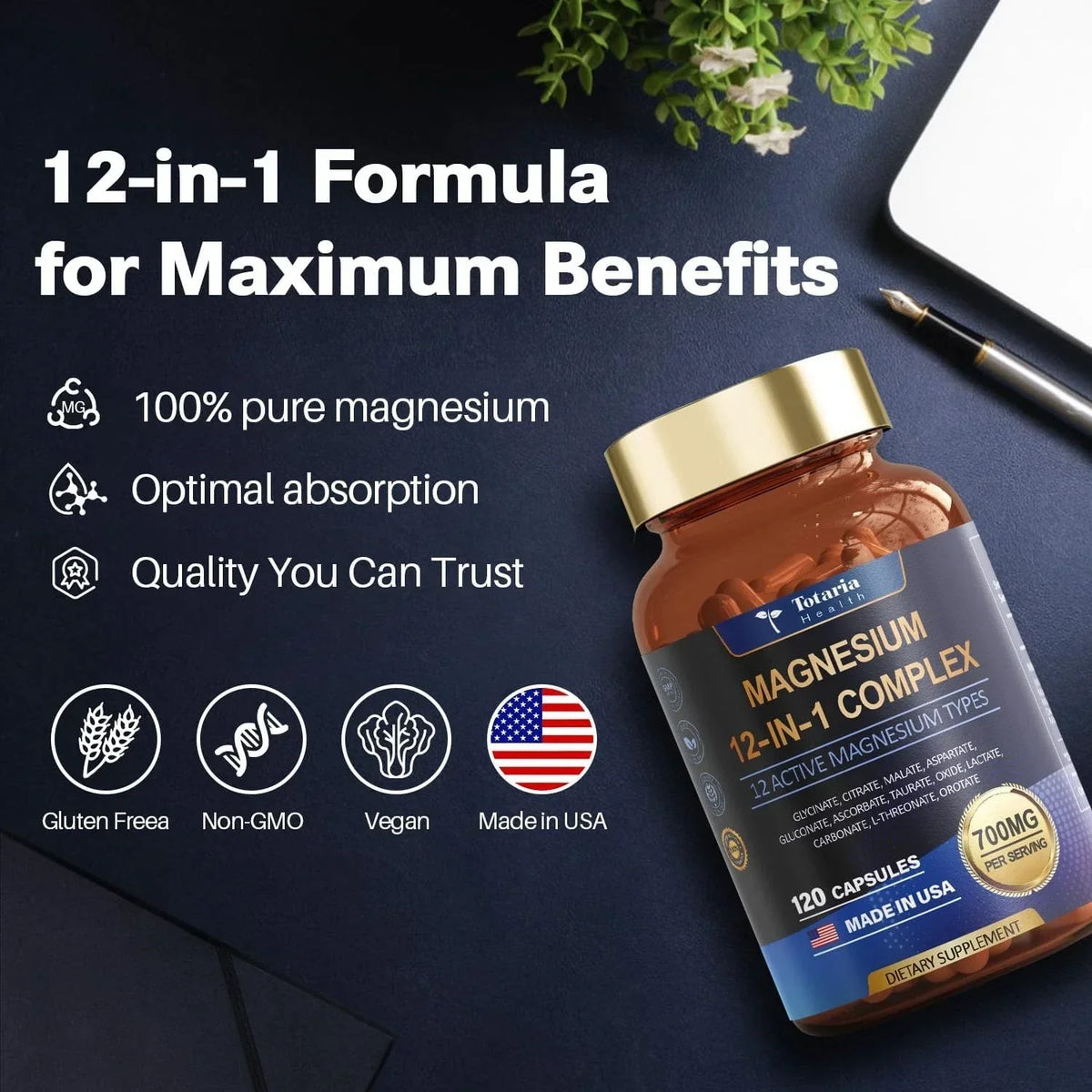 (2PC)Magnesium 12 in 1 Complex 700mg - Glycinate Citrate Malate Taurate